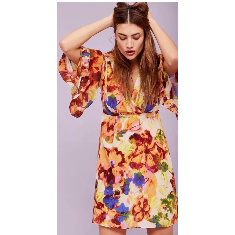 Maeve Jaida Silk Kimono Floral Mini Dress Womens 6 Watercolor Flutter Sleeve